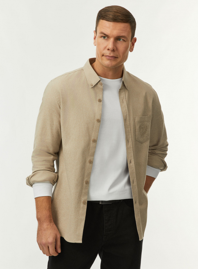 Рубашка хлопковая с длинным рукавом oodji для Мужчины (бежевый) Рубашка хлопковая с длинным рукавом oodji для Мужчины (бежевый), 3L330021M-1/52205/3320M