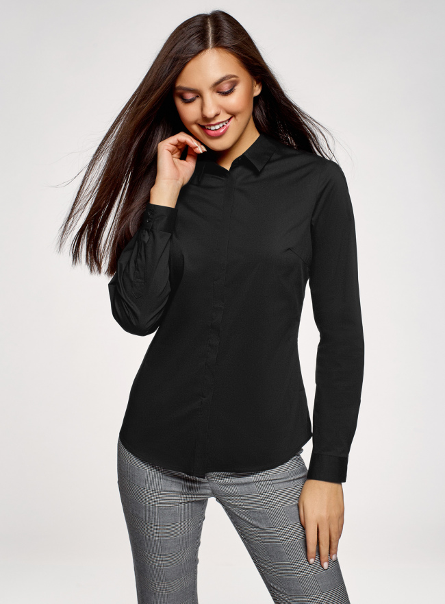 Рубашка базовая приталенного силуэта oodji для женщины (черный), 13K03003B/42083/2900N