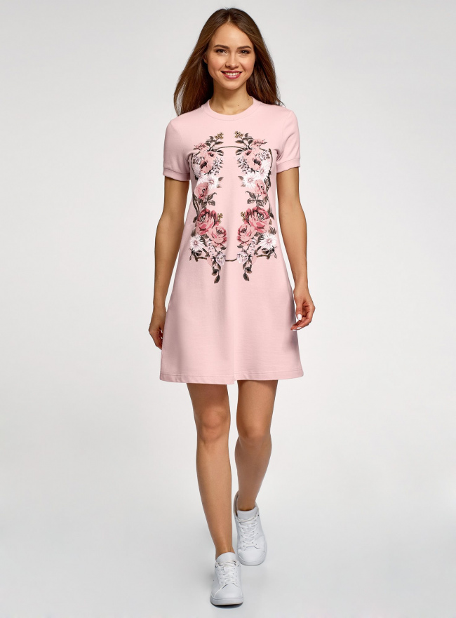 Платье трикотажное свободного силуэта oodji для женщины (розовый), 14000162-9/46155/4019P