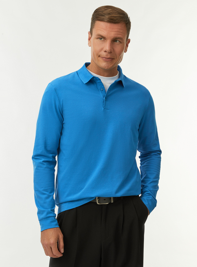 Поло из хлопка с длинным рукавом oodji для Мужчины (синий) Поло из хлопка с длинным рукавом oodji для Мужчины (синий), 5B501001M-2/47420/7500N