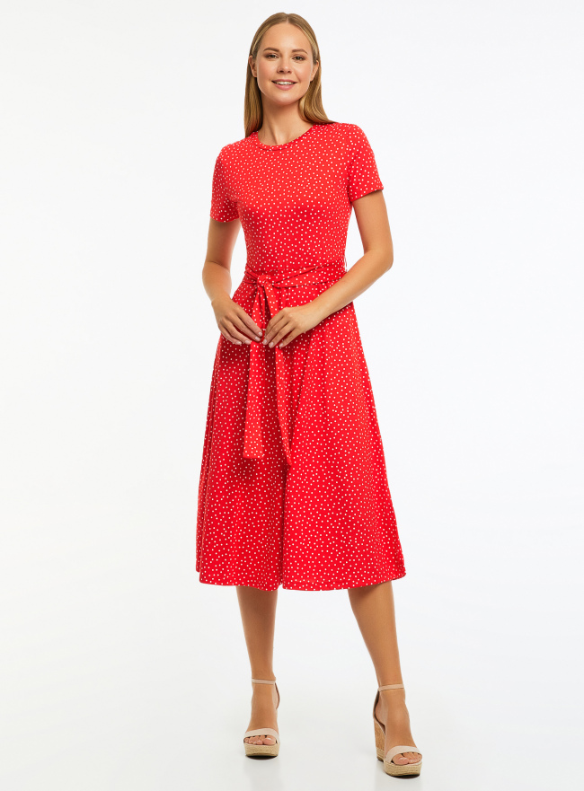 Платье миди из вискозы с поясом oodji для женщины (красный), 14011090/50975/4512D