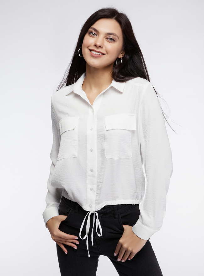 Блузка с карманами и длинными рукавами oodji для женщины (белый), 11411210/50340/1200N