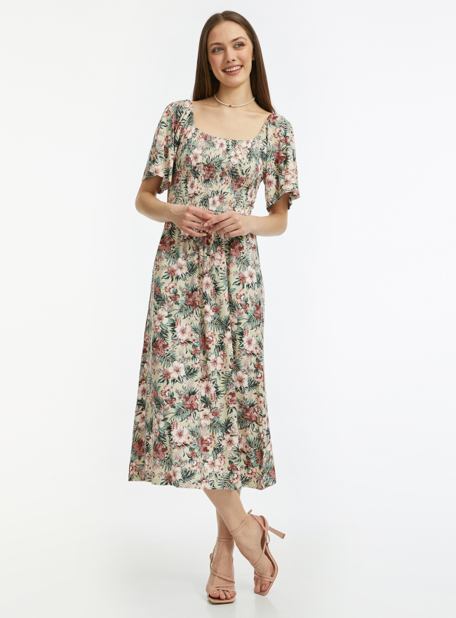 Платье приталенное с коротким рукавом oodji для Женщина (бежевый), 14000184/49253/3341F