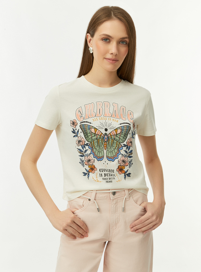 Футболка укороченная с принтом oodji для Женщины (белый) Футболка укороченная с принтом oodji для Женщины (белый), 14701122-4/44135N/1241U