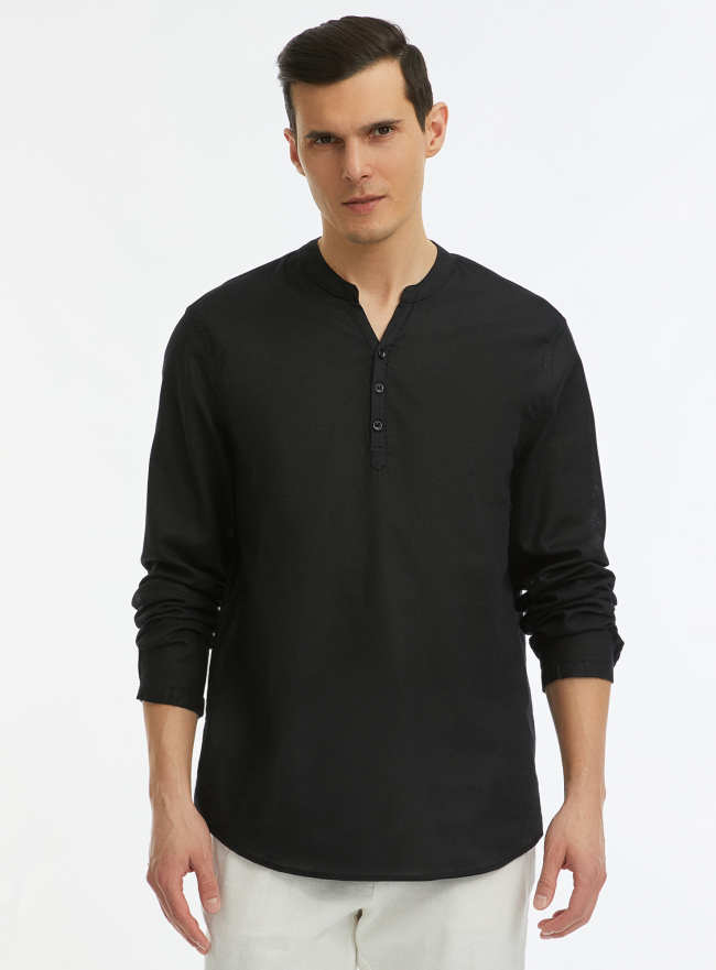 Рубашка из смесового льна с длинным рукавом oodji для Мужчина (черный), 3B320002M-5/50875N/2900N