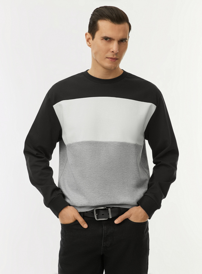 Свитшот хлопковый колор блок oodji для Мужчины (черный) Свитшот хлопковый колор блок oodji для Мужчины (черный), 5B123019M/48823N/2923B