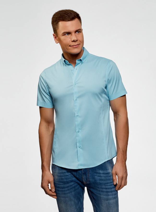Рубашка базовая с коротким рукавом oodji для мужчины (бирюзовый), 3B240000M/34146N/7300N