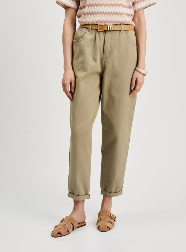 Брюки хлопковые с поясом на резинке oodji для Женщины (зеленый), 21709013/50958/6600N