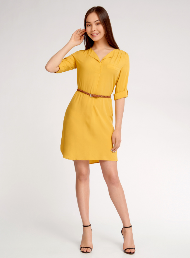 Платье вискозное с плетеным поясом oodji для женщины (желтый), 11900180-1/42540/5700N