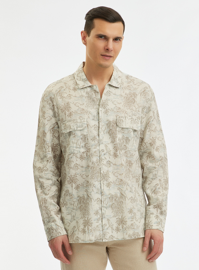 Рубашка из смесового льна с нагрудными карманами oodji для Мужчины (бежевый), 3L330007M-2/50875N/3335F