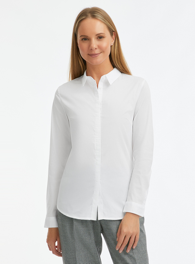Рубашка базовая приталенного силуэта oodji для Женщина (белый), 13K03003B/42083/1000N