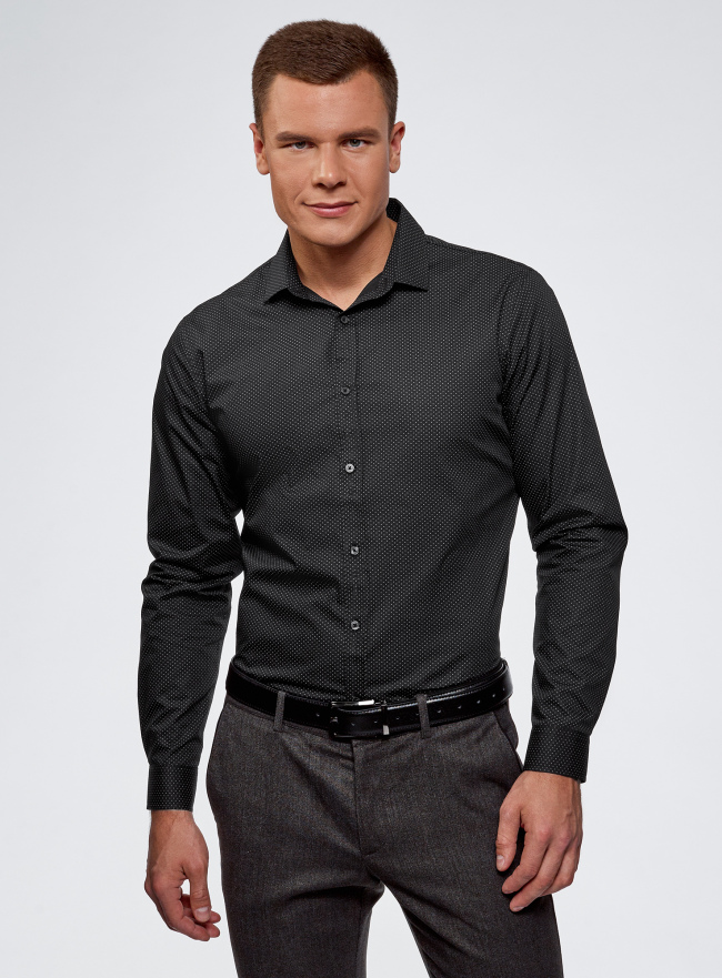 Рубашка приталенная в горошек oodji для мужчины (черный), 3B110016M/19370N/2923D