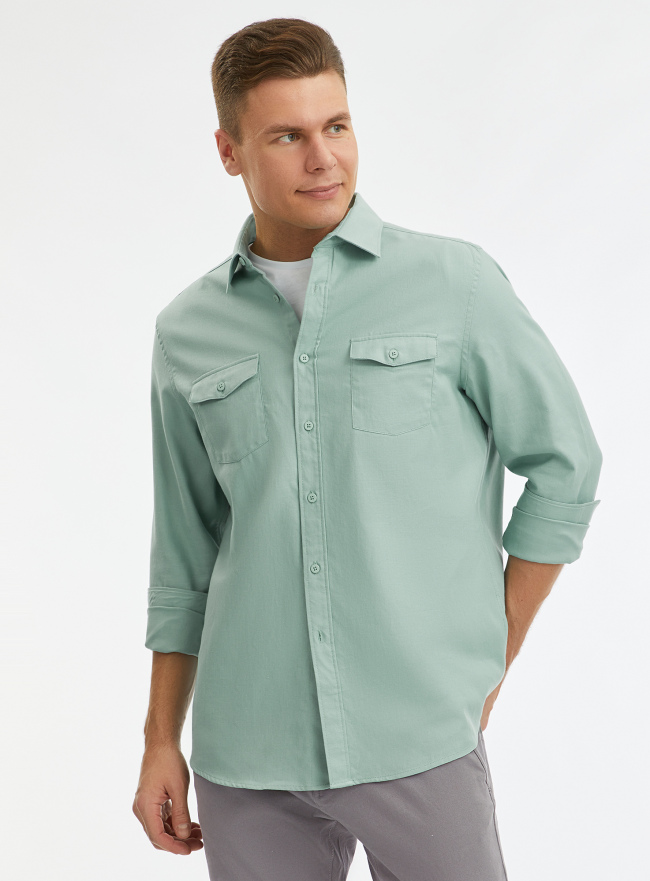 Рубашка хлопковая с нагрудными карманами oodji для мужчины (зеленый), 3L330012M/50929N/6C00N