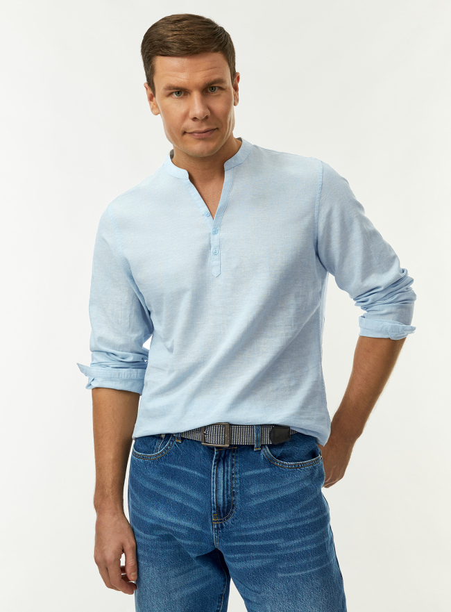 Рубашка из смесового льна с длинным рукавом oodji для Мужчины (синий), 3B320002M-8/52969N/7012N