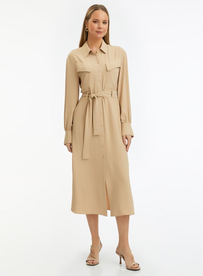 Платье-рубашка с нагрудными карманами oodji для женщины (бежевый), 11911057/51647/3501N