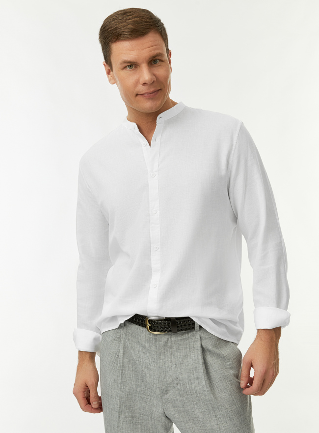 Рубашка хлопковая с воротником-стойкой oodji для Мужчины (белый) Рубашка хлопковая с воротником-стойкой oodji для Мужчины (белый), 3L310194M-1/45608/1000N