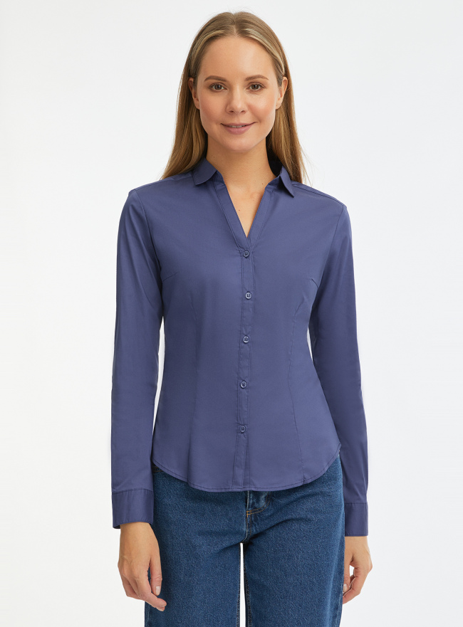 Рубашка базовая с V-образным вырезом oodji для Женщина (синий), 13K02001B/42083/7901N