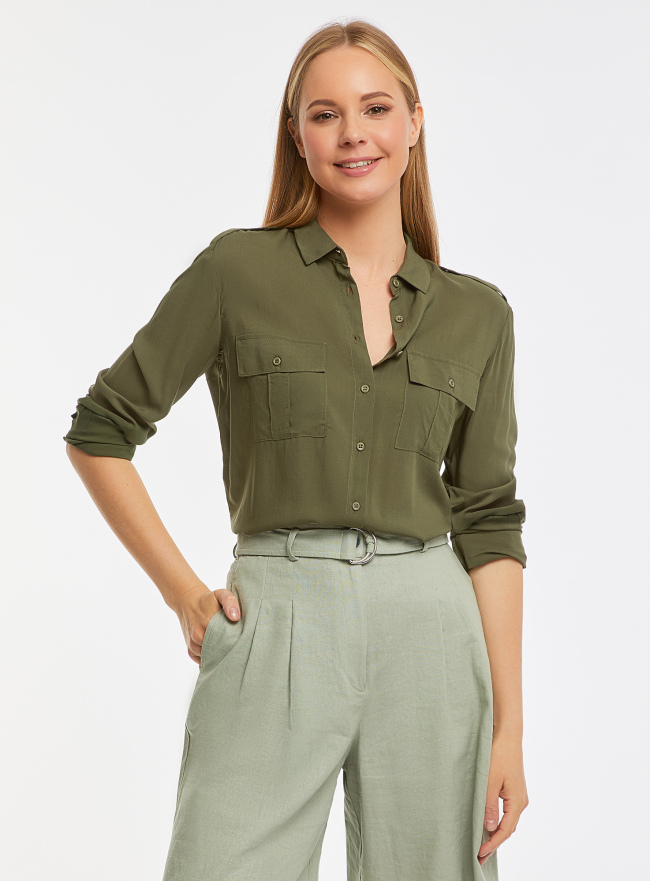 Блузка базовая из вискозы с нагрудными карманами oodji для Женщина (зеленый), 11411127-2B/24681/6800N