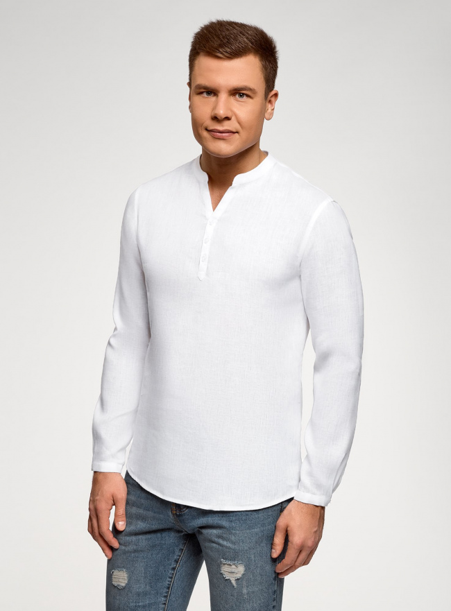 Рубашка льняная без воротника oodji для мужчины (белый), 3B320002M/21155N/1000N