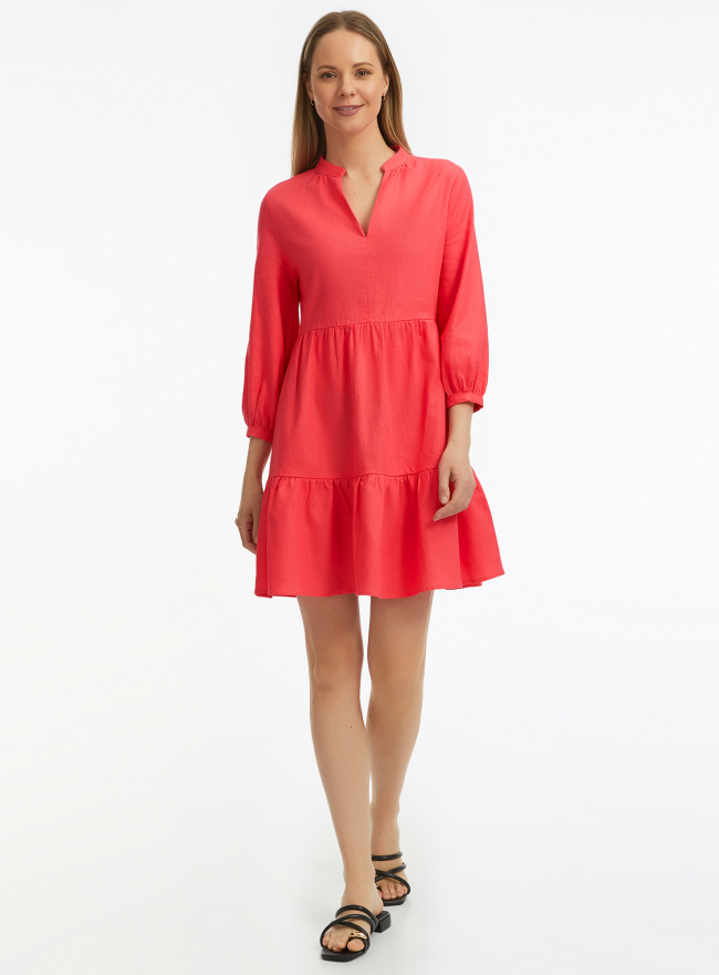 Платье ярусное из смесового льна oodji для женщины (розовый), 12C11012/16009/4300N
