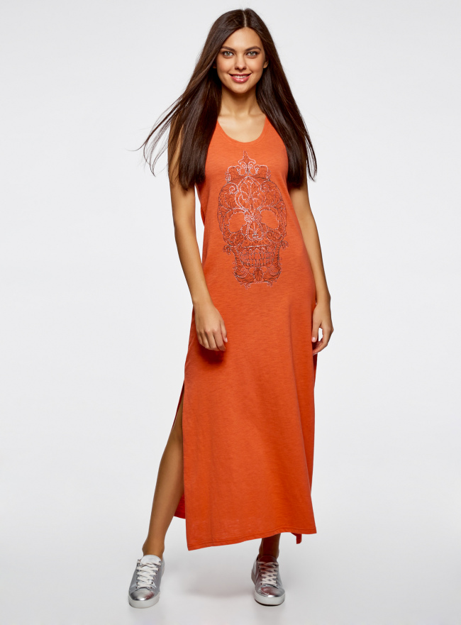 Платье макси с черепом из страз oodji для женщины (оранжевый), 14005134/45204/5991P
