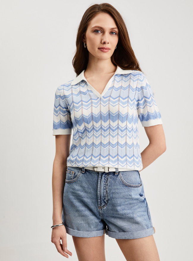 Джемпер-поло ажурной вязки oodji для Женщины (синий), 63812743/51725/7010O