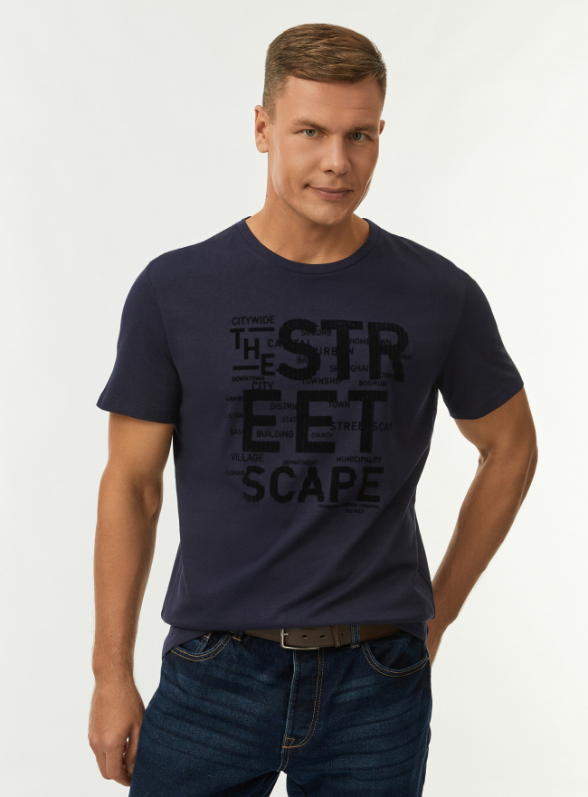 Футболка хлопковая с принтом oodji для Мужчины (синий) Футболка хлопковая с принтом oodji для Мужчины (синий), 5L621002I-140/47885N/7929P