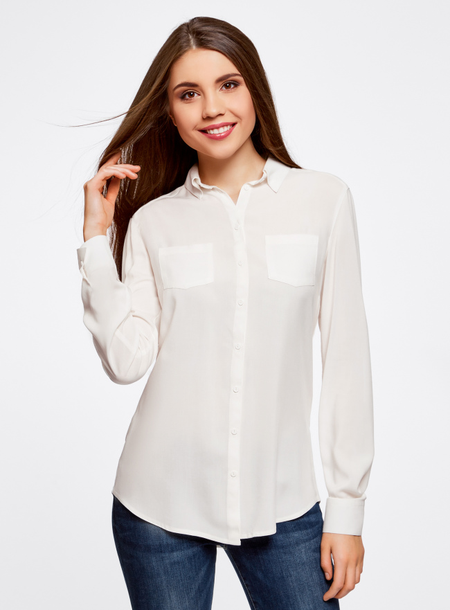 Блузка с нагрудными карманами и регулировкой длины рукава oodji для Женщины (белый), 11400355-3B/26346/1200N