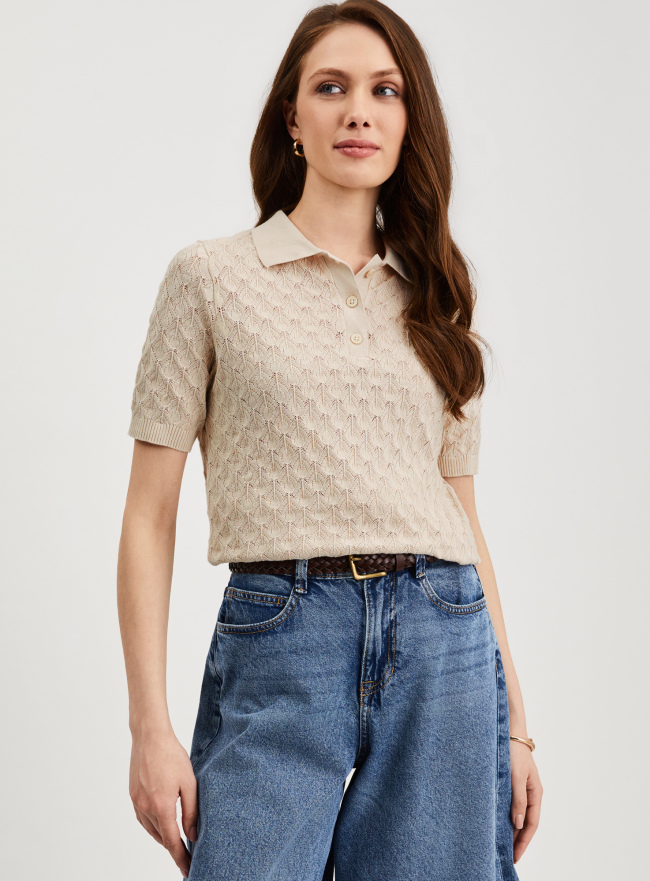 Джемпер-поло ажурной вязки oodji для Женщины (слоновая кость), 73812661-1/53070/3000N