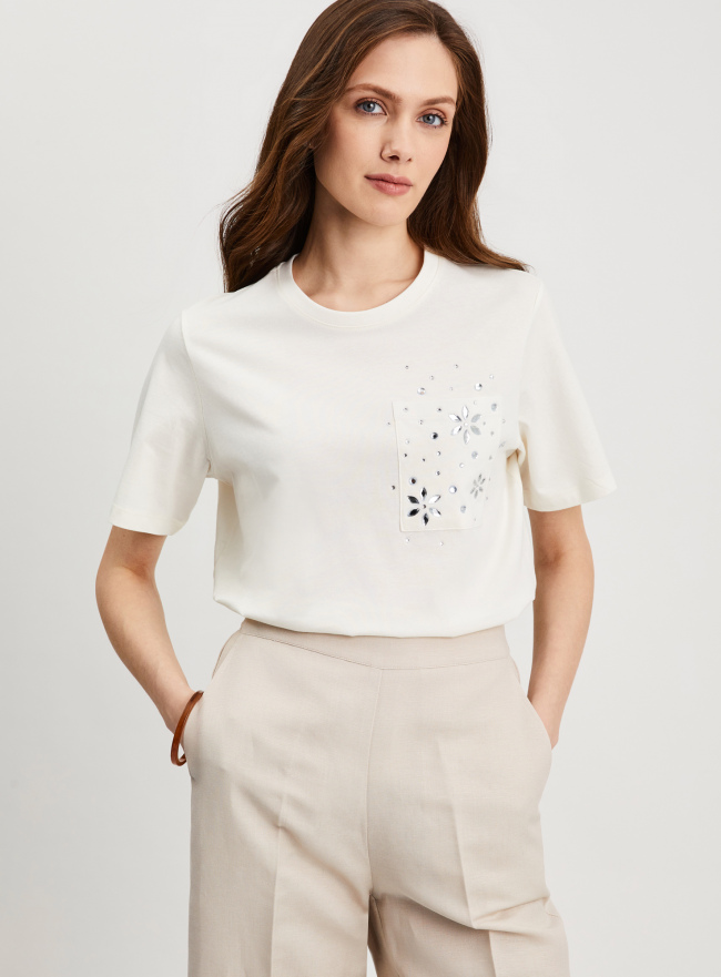 Футболка хлопковая с нагрудным карманом oodji для Женщины (белый), 24701024-1/47885N/1291X