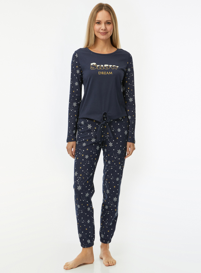 Пижама хлопковая с брюками oodji для Женщины (синий) Пижама хлопковая с брюками oodji для Женщины (синий), 56002222-6/46158/7912P