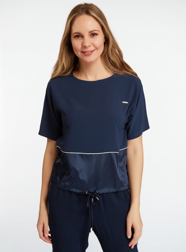 Блузка комбинированная на кулиске oodji для Женщины (синий), 11411226/50854/7900N