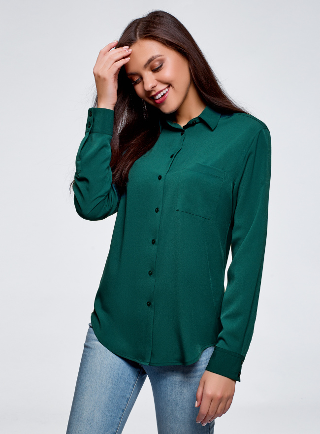 Блузка прямого силуэта с нагрудным карманом oodji для женщины (зеленый), 11411134B/48853/6E02N
