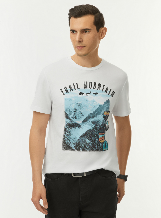 Футболка хлопковая с принтом oodji для Мужчины (белый) Футболка хлопковая с принтом oodji для Мужчины (белый), 5L641001I-50/44135N/1070P