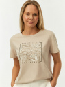 Футболка хлопковая с принтом oodji для Женщины (бежевый) Футболка хлопковая с принтом oodji для Женщины (бежевый), 14701119-10/44135N/6266P