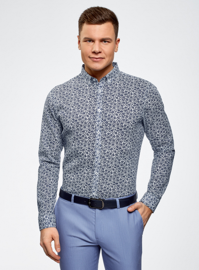 Рубашка льняная принтованная oodji для мужчины (синий), 3L110323M/48268N/1079F