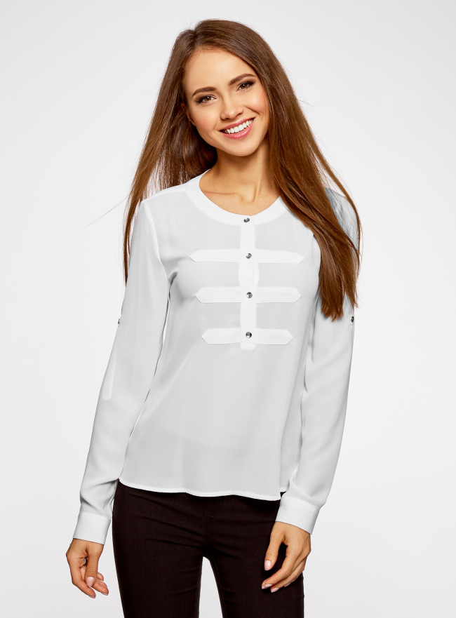 Блузка шифоновая в стиле милитари oodji для женщины (белый), 11411062-1/43291/1200N