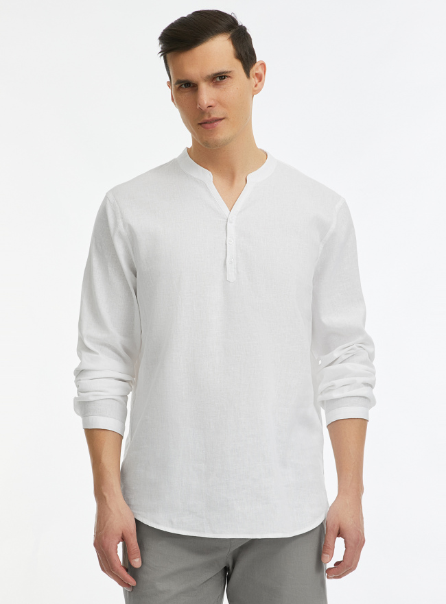 Рубашка из смесового льна с длинным рукавом oodji для Мужчины (белый), 3B320002M-5/50875N/1000N