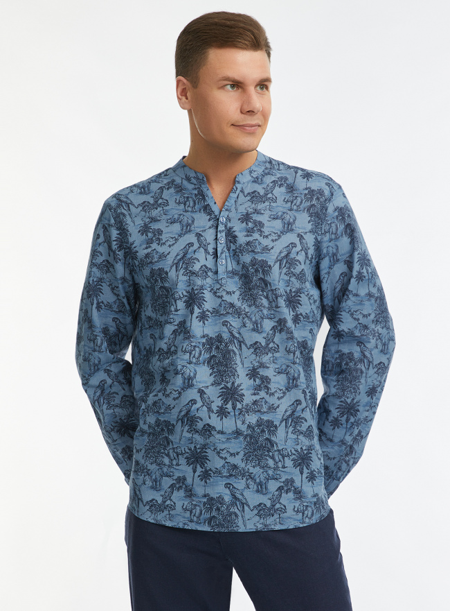 Рубашка из смесового льна с длинным рукавом oodji для мужчины (синий), 3B320002M-5/50875N/7075F