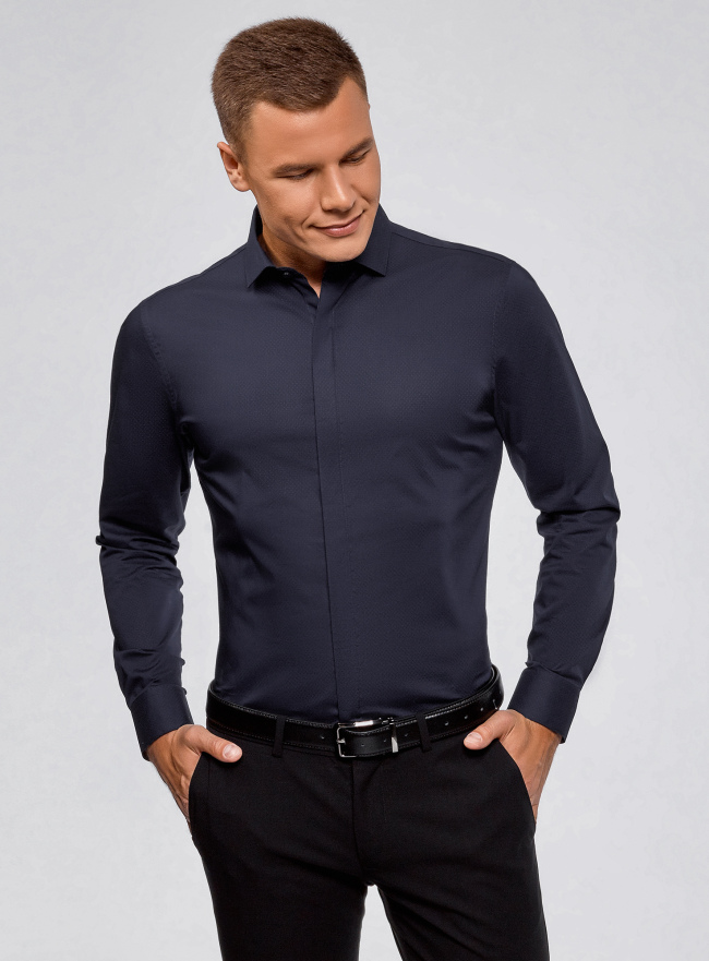 Рубашка базовая хлопковая oodji для мужчины (синий), 3B110017M-2/48420N/7901N