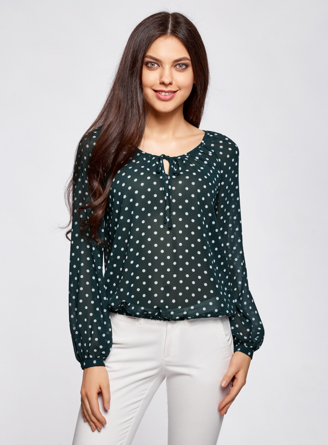 Блузка принтованная с завязками oodji для Женщины (зеленый), 21418013-2/17358/6912D