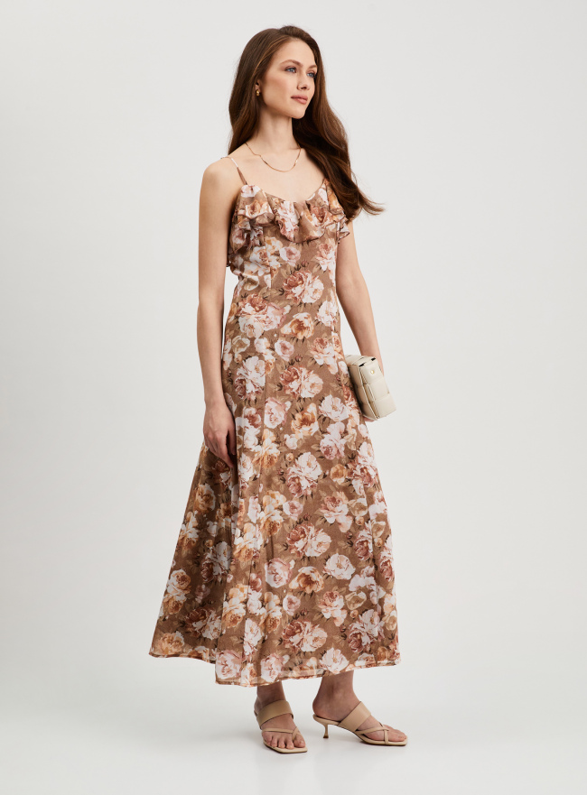 Платье макси с рюшами oodji для Женщины (бежевый), 21900341/17358/3354F