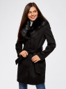 Пальто с поясом и отделкой из искусственного меха oodji для женщины (черный), 10104030-1/38058/2900N
