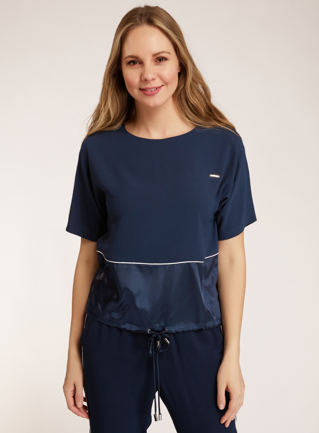 Блузка комбинированная на кулиске oodji для женщины (синий), 11411226/50854/7900N