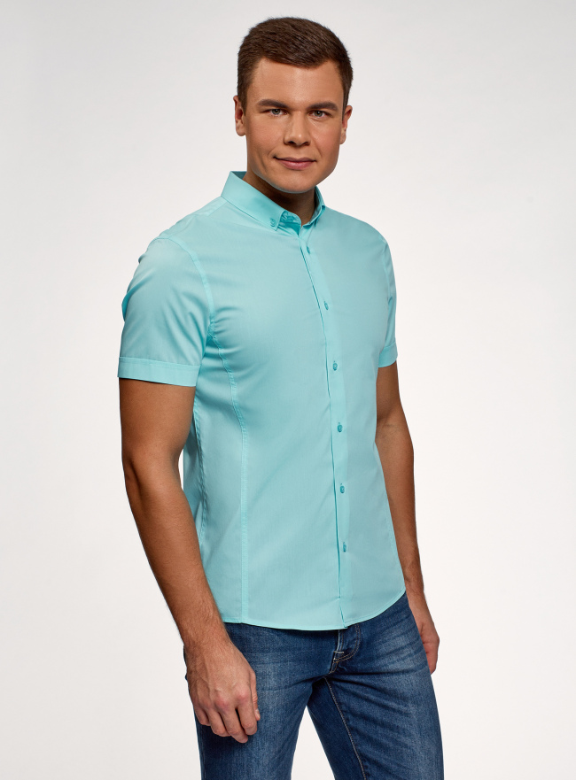 Рубашка базовая с коротким рукавом oodji для мужчины (бирюзовый), 3B240000M/34146N/7301N