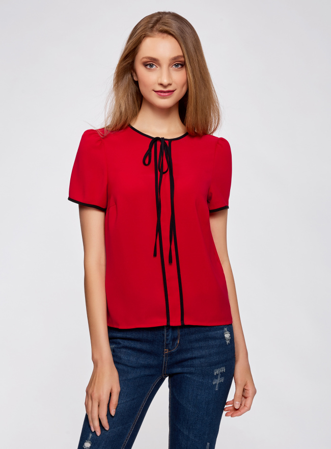 Блузка с коротким рукавом и контрастной отделкой oodji для женщины (красный), 11401254/42405/4500N