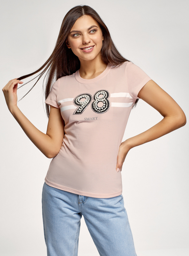 Футболка с декором из страз и искусственного жемчуга oodji для Женщины (розовый), 14701078-24B/44135N/4010P