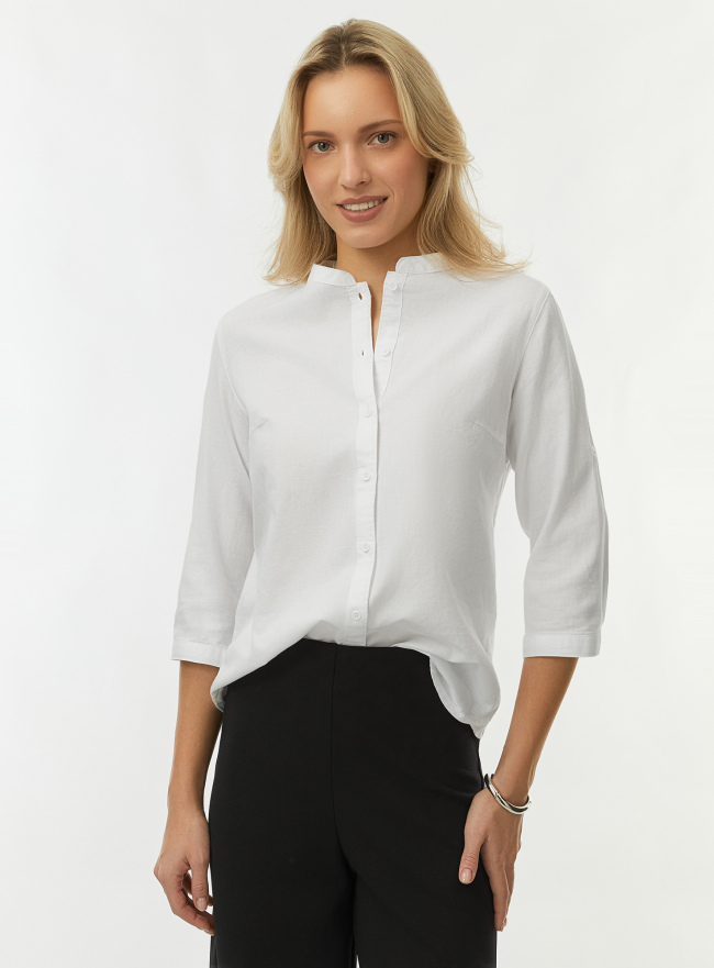 Рубашка хлопковая с воротником-стойкой oodji для Женщины (белый) Рубашка хлопковая с воротником-стойкой oodji для Женщины (белый), 23L12001B/45608/1000N