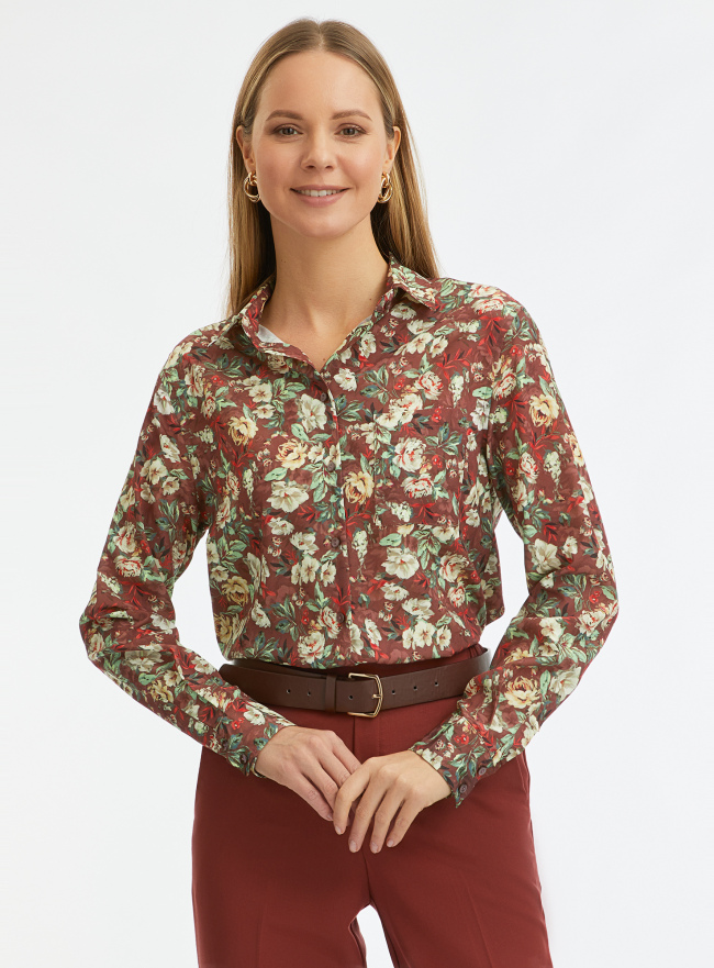 Блузка прямого силуэта с нагрудным карманом oodji для Женщины (красный), 11411134-1B/46123/3119F