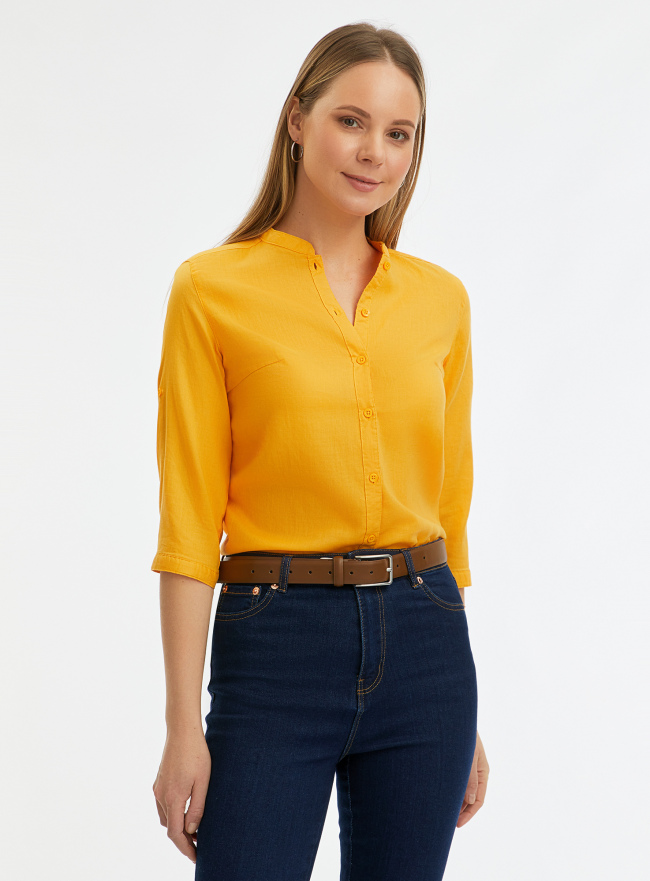 Рубашка хлопковая с воротником-стойкой oodji для Женщины (желтый), 23L12001B/45608/5203N